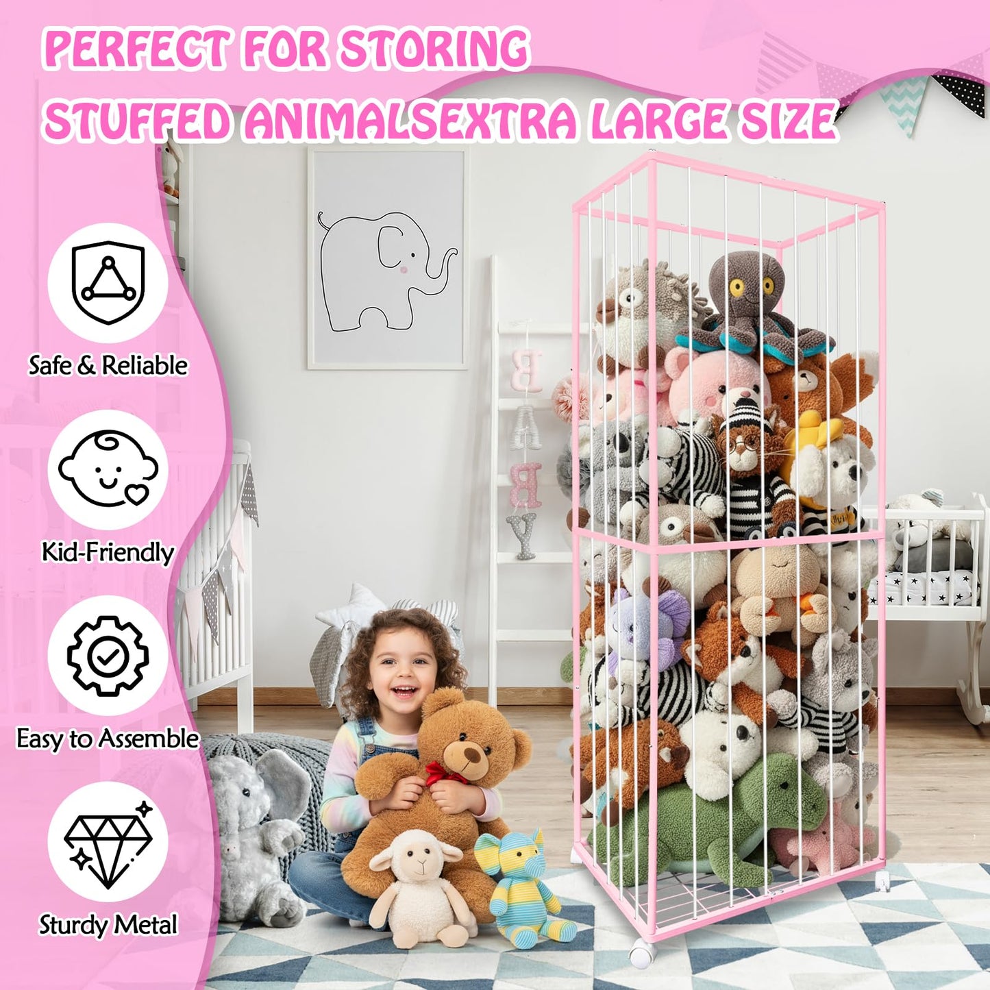 BETBEM Stuffed Animal Storage, Metal Tube Extra Large Toy Storage Organizer with Brake Wheels, Stuffed Animal Holder Zoo Organizer for Nursery Playroom Kids Room Pink(61” x 23.6”x 16.5”)