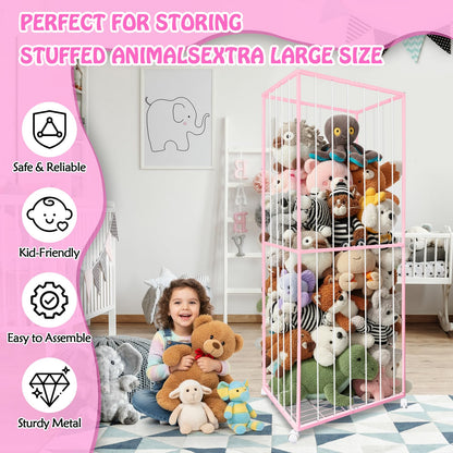BETBEM Stuffed Animal Storage, Metal Tube Extra Large Toy Storage Organizer with Brake Wheels, Stuffed Animal Holder Zoo Organizer for Nursery Playroom Kids Room Pink(61” x 23.6”x 16.5”)