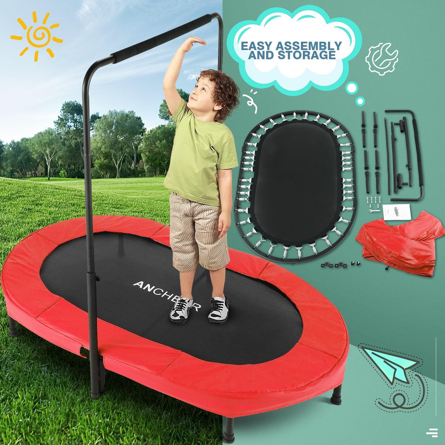 ANCHEER Trampoline for Kids, Toddler Trampoline Indoor Sports and Outdoor Games 56" Kids Rebounder 220LBS Capacity with Adjustable Safety Handrail Foldable Jumper for Boys and Girls (ASTM Certified)