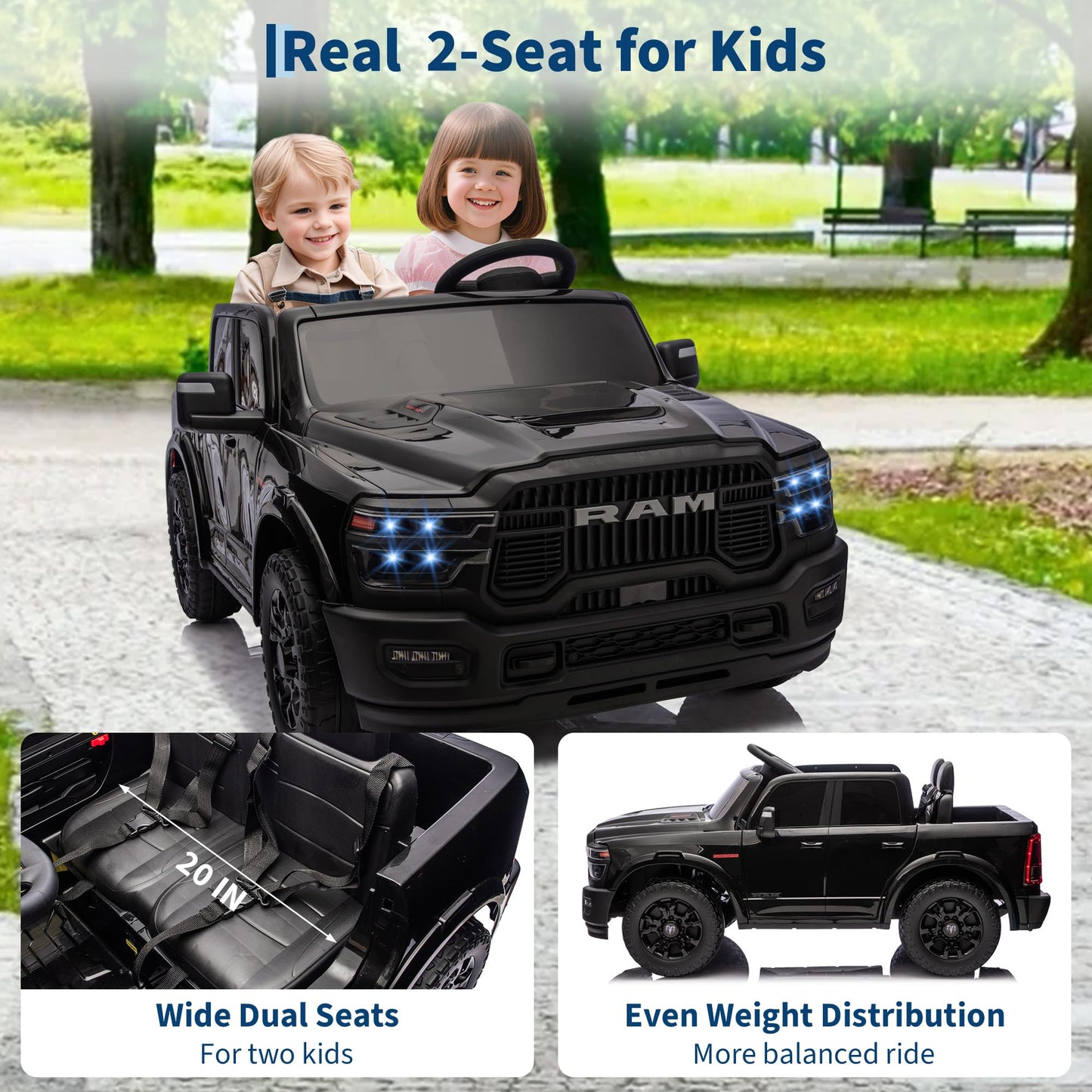 24V Ride on Car for Big Kids Licensed RAM 2500, 24v Ride on Truck w/Remote Control, Toddler Ride on Toys w/Bluetooth, Spacious Truck Bed, 3 Speed, LED Lights, Suspension, Gifts for Boys Girls, Black