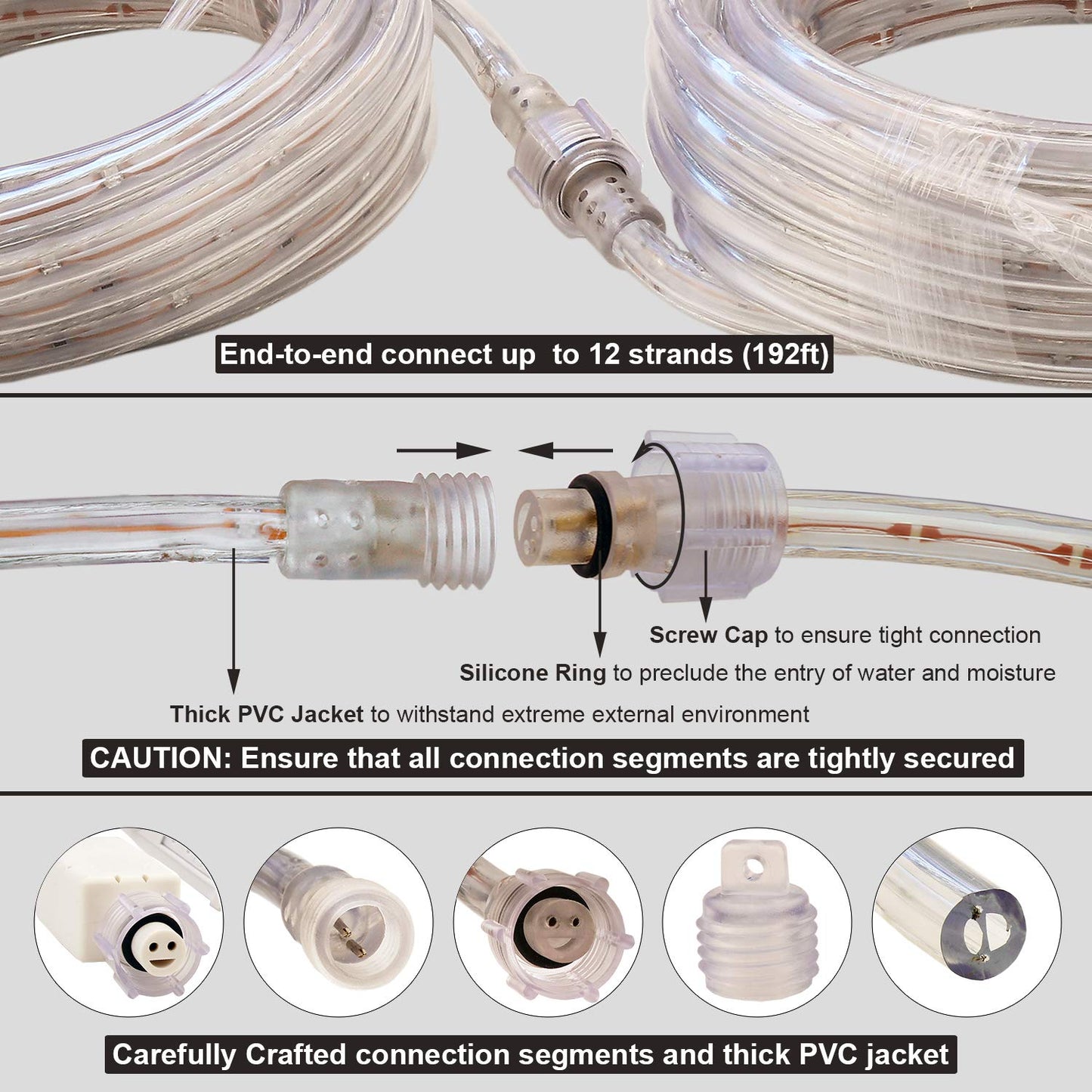 LED Rope Lights, 16ft Warm White Strip Lights, Connectable and Flexible Tape Lights with Fuse Holder, Clear Thick PVC Jacket and High Brightness Advanced LEDs, Waterproof for Indoor Outdoor Use