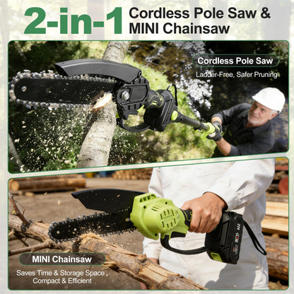 Electric Pole Saw, 6 Inch Battery Powered Tree Trimmer and Handheld Mini Chainsaw with Adjustable Extension Pole for Branch Limb Cutting,Pruning,Yard,Garden, Brushless Pole Saw