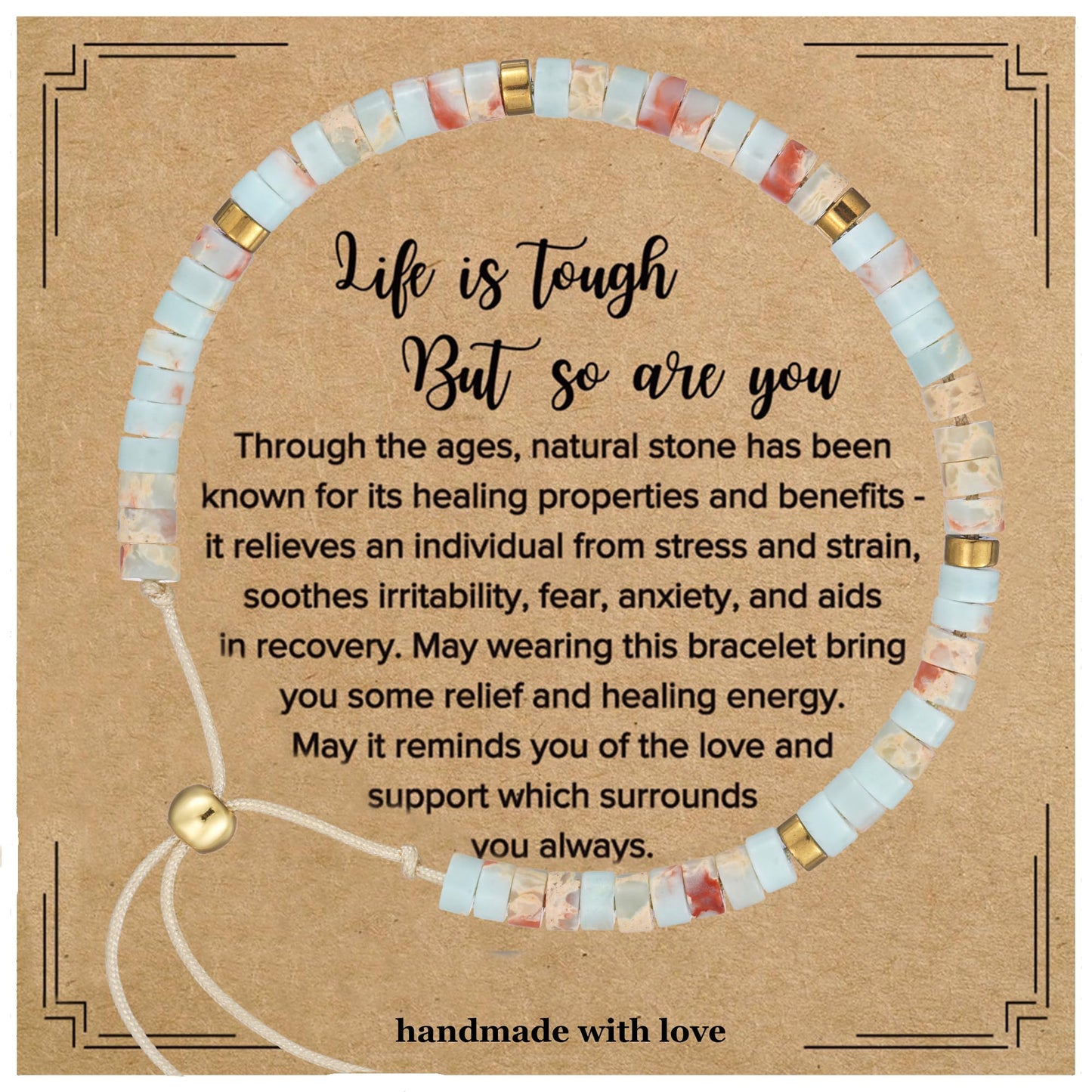 Plumiss Inspirational Gifts Bracelets for Women, Boho Handmade Agalmatolite Stone Beaded Bracelets, Life is Tough But So are You Bracelet