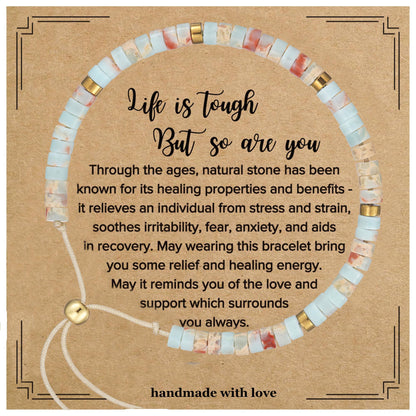 Plumiss Inspirational Gifts Bracelets for Women, Boho Handmade Agalmatolite Stone Beaded Bracelets, Life is Tough But So are You Bracelet