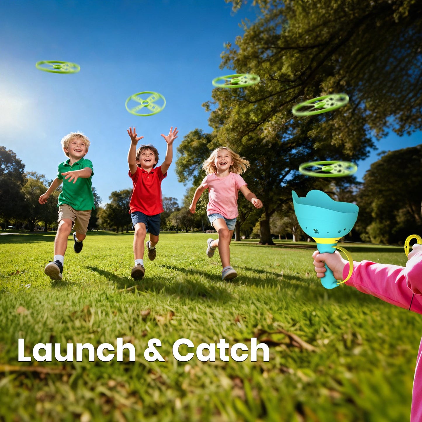 Ivtivfu Flying Disc Launcher Toy (2 Packs), Manual Capture Catching Disk Game, Outdoor Toys for Kids Ages 4-8, Outside Yard and Lawn Family Games for Toddlers 3-5, Birthday Gifts for Girls and Boys