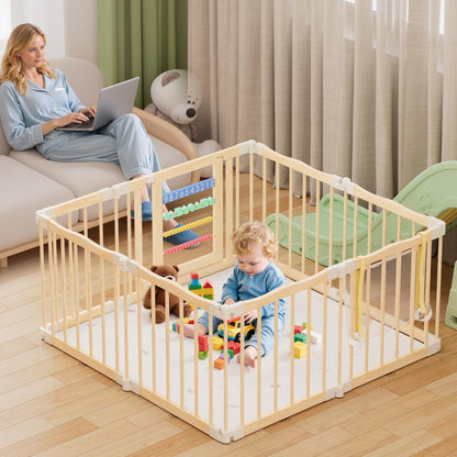 Atoping Wooden Baby Playpen 50 × 50 Inches, Foldable Playpen Fence with Cute Digital Blocks & Storage Bag, Wooden Baby Gate, Multi-Shape Play Yard for Babies and Toddlers Indoor Outdoor