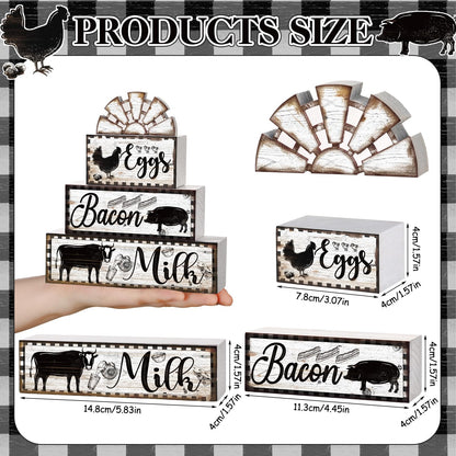 Jetec 4 Pcs Farmhouse Kitchen Decor Wooden Tiered Tray Decor Cow Rooster Pig Rustic Bathroom Signs Decorative Faux Stacked Table Centerpiece Block Sign for Home Living Kitchen Dining Room Shelf