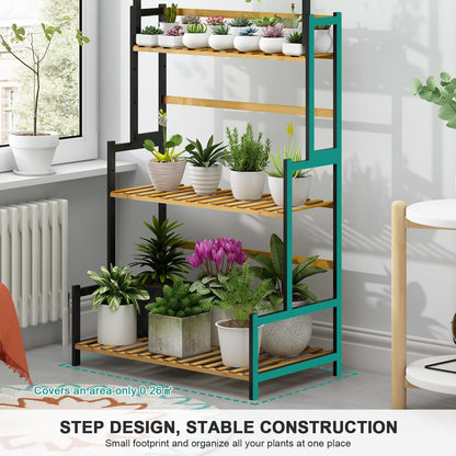 Ufine Bamboo Hanging Plant Stand 3 Tier Ladder Shelf with Hanging Rod Height Adjustable Flower Pot Display Organizer for Balcony Porch Living Room