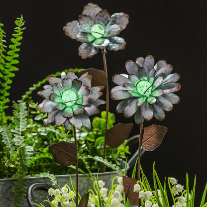 CEDAR HOME Galvanized Floral Garden Stake Outdoor Glow in Dark Plant Pick Water Proof Metal Stick Art Ornament Decor for Lawn Yard Patio, 4"W x 1.5"D x 13.8"H, 3 Set