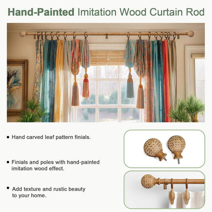 QDWIS Wood Curtain Rods for Windows 48 to 84 Inch,1'' Diameter Drapery Rods with Imitation Wood Grain Leaf Pattern Finials,Boho Adjustable Heavy Duty Curtain Rods Set,36-88'',Color:Natural Wood