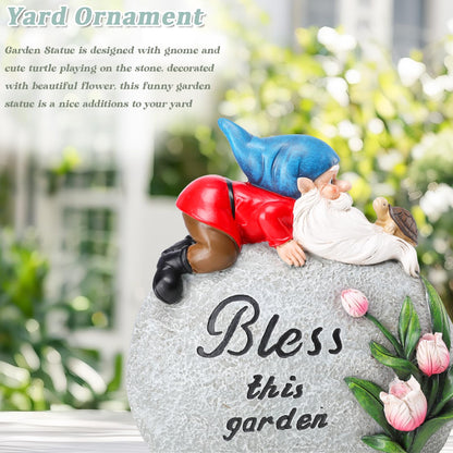 Ovewios Garden Stones Statues Outdoor Decor, Novelty Gnome Garden Sculptures Stones Statue with Flower and Turtle Figurine Decoration for Patio Yard Porch Art Home Decor
