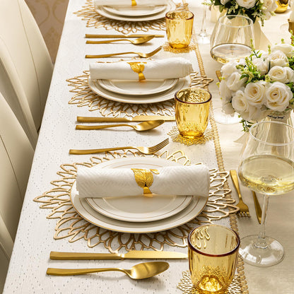 Gold Placemats Set of 8 Table Mats Gold Charger Plates Place Mats & 8 Pcs Coasters Wipeable Modern Holiday Round Placemats for Christmas Thanksgiving Farmhouse Wedding Dining Table Setting Decor