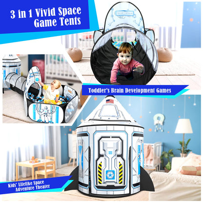 Kids Ball Pit for Play Tent: 3PC Rocket Ship Baby Gifts, Spaceship Tents and Crawl Tunnel for Toddlers, Astronaut Pop Up Playhouse Toys for Indoor Outdoor Games (White)