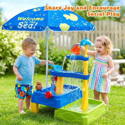 MUGEYMYD Water Table for Toddlers 3-5, Rain Showers Splash Pond Sensory Sand Playset with Umbrella, 16 PCS Accessories, Outdoor Summer Toy for Boys and Girls.