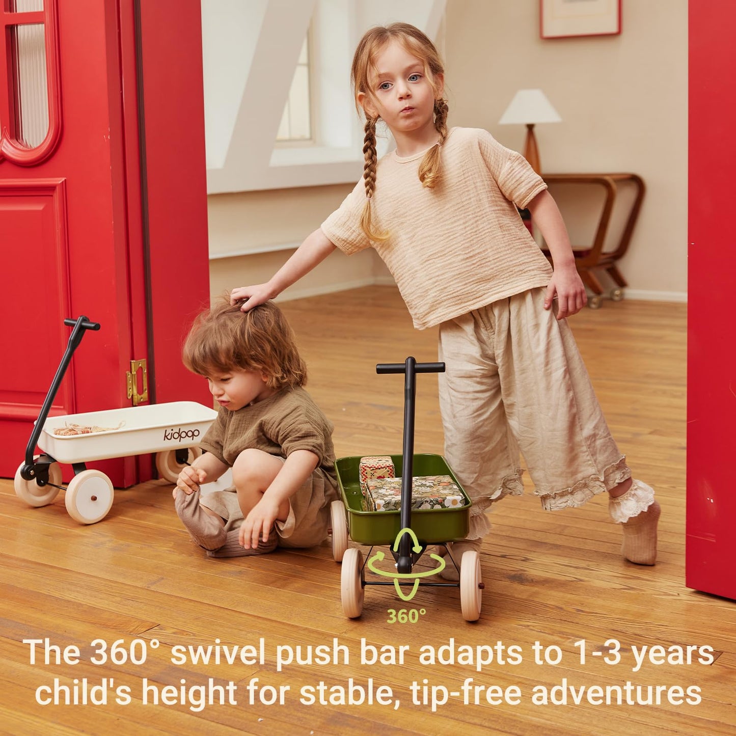 Kidpop Pula-Mini First Wagon for Toddlers, 4-Wheel Baby Pull Toy Cart for Kids Ages 1-3, Indoor & Outdoor Push Walker Toy, Ideal 1 Year Old Birthday Gifts (Green)