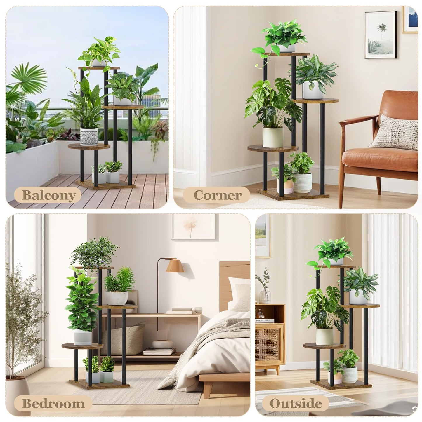SMFANLIN 4 Tier Plant Stand Indoor, Metal Wooden Tall Plant Shelf Flower Pot Stand for Multiple Plants, Corner Flower Holder Plant Display Rack for Living Room Balcony Patio Garden (Rustic Brown)