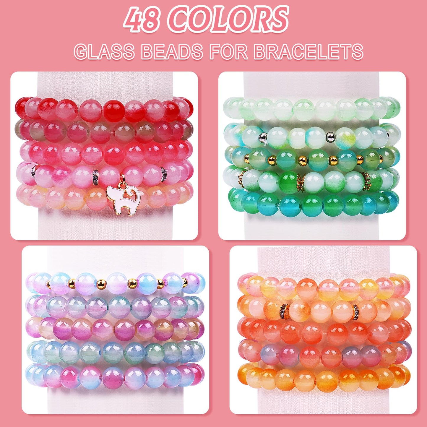 Wuollgess 1700Pcs 8mm Glass Beads for Jewelry Making,Round Bracelet Making Kit in 48 Colors with Gold Silver Spacer Beads, Charms & Elastic String, Friendship Bracelet Bead Kit for Adults and Crafters