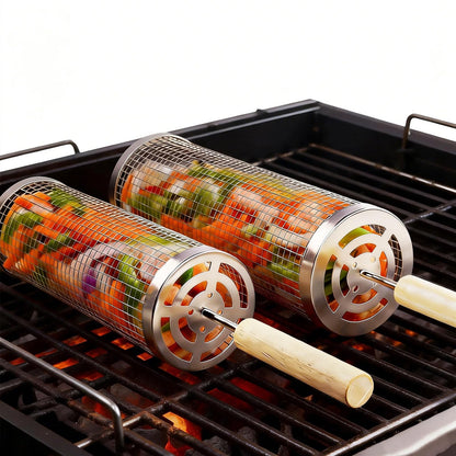 Rolling Grill Basket 2-Pack, Premium 304 Stainless Steel, Removable Wooden Handles, Upgrade Rolling Grill Baskets for Outdoor Grill, BBQ Grill Accessories for Outdoor Grill, Outdoor Gifts for men