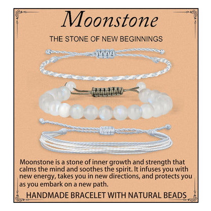 QOGIR Handmade Healing Stones Bracelet,8mm Natural Rainbow Moonstone Gemstone Beaded Bracelet,for Men Women Gifts with 2PCS Size Adjustable Rope Bracelets