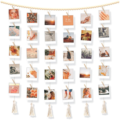 BIZYAC Hanging Photo Display with Clips Wall Boho Decor Beads Garland - Sculptural Picture Frames Collage - 30 Clothespins - 2 Non-Trace Hook - No Holes Drilling - 45 x 45 inch
