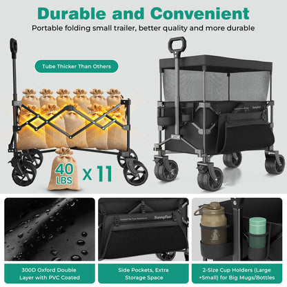 SUNNYFEEL 445L Extra Large Folding Wagon Cart with Canopy, 440 LBS Heavy Duty Collapsible Utility Cart with All-Terrain Wheels, 3-in-1 Portable Wagon for Garden, Groceries, Camping, Beach, Shopping