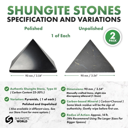 Shungite World 2 pcs Authentic Shungite Pyramids Set 90 mm / 3.54" Polished and Unpolished Real Shungite Stones Crystal Pyramid Home Protection Room Office Desk Decor Authentic Black Crystals