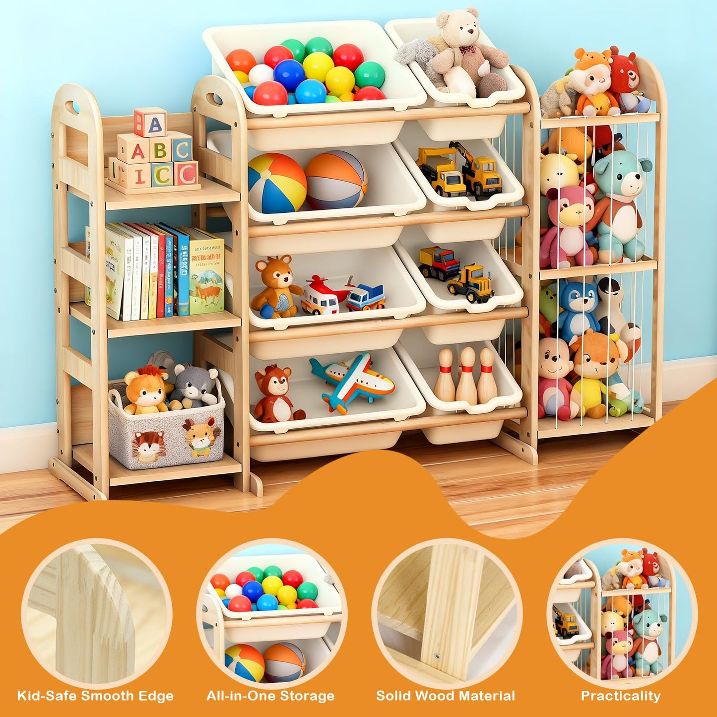 Wooden Toy Storage Organizer, Toy Organizers & Storage with Stuffed Animal Storage, Toy Storage Shelf with 3 Shelves, 8 Storage Bins, Kids Bookshelf, Toy Holder for Toddler Rooms, Playrooms, Bedrooms