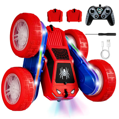 SANGQAOFU Spider Remote Control Car 4WD 360° Flips RC Stunt Car Toys Cyber-Inspired Double-Sided Drift Rc Cars with LED Lights 2 Rechargeable Charge Battery Modules Toys and Gift for Boys Age 3-12