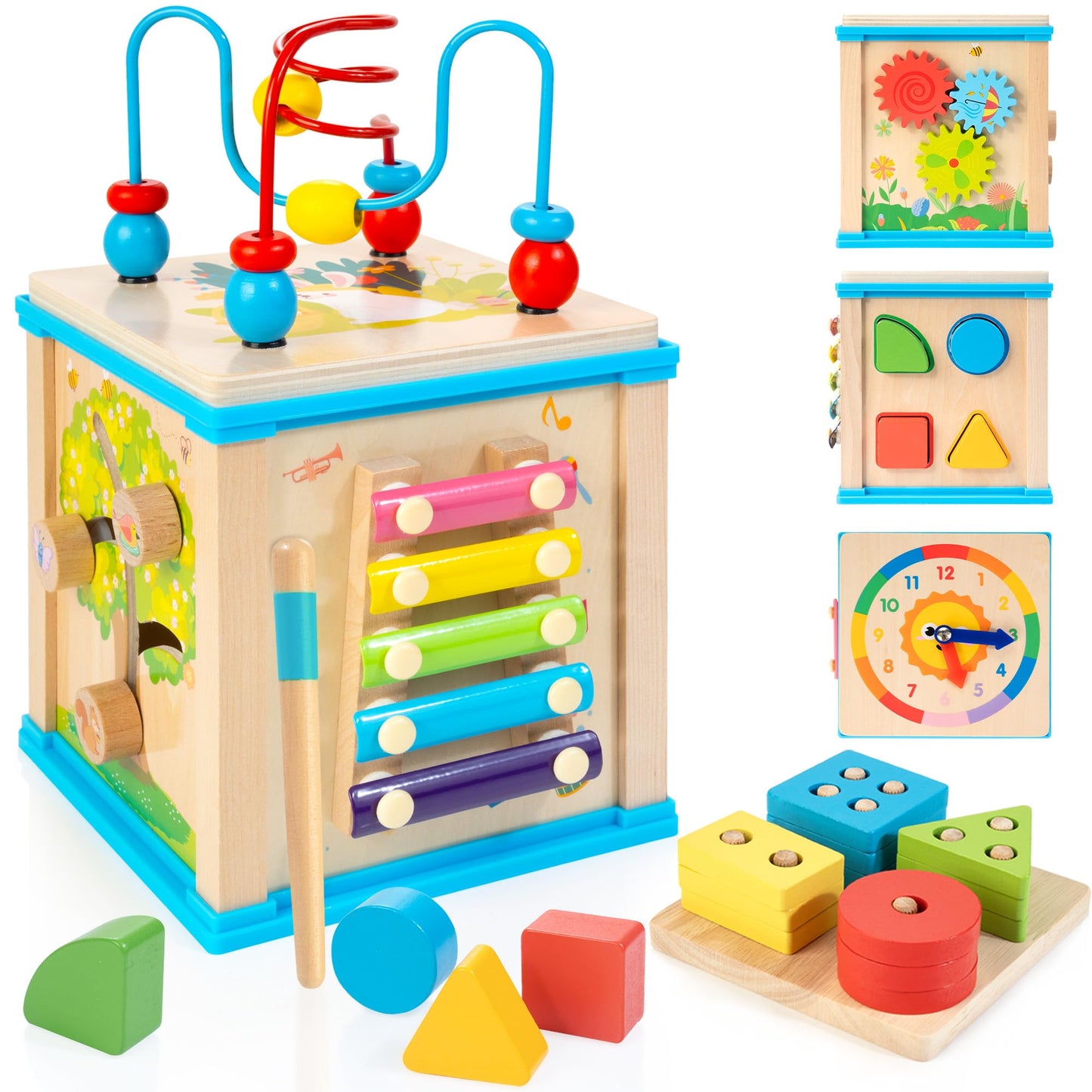 WOODMAM Wooden 7-in-1 Activity Cube, Montessori Toys for 1 Year Old Toddlers, Baby Educational Developmental Toys, One Year Old Boys Girls First Birthday Gifts with Bonus Sorting & Stacking Board