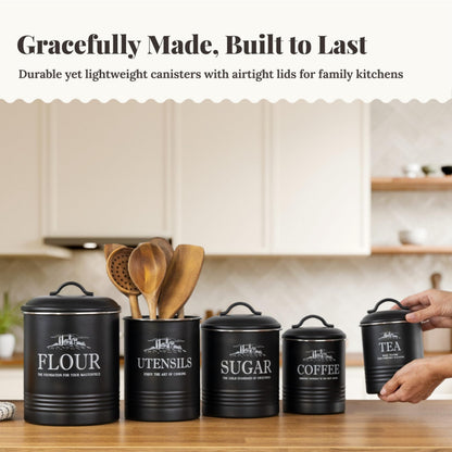noonberry Kitchen Canisters for Countertop – 5-Piece Airtight Canister Sets for the Kitchen Counter with Utensil Holder – Flour Sugar Coffee Tea Containers – Matte Black Finish