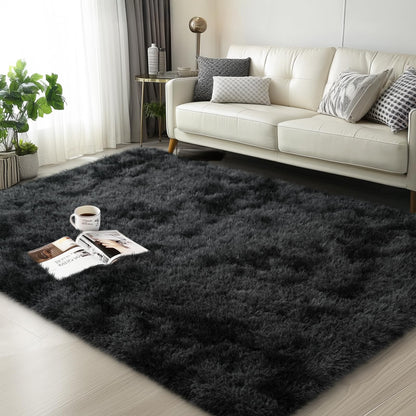 Mugorn 3x5 Rugs for Bedroom, Fluffy Area Rugs for Living Room, Soft Shag Kids Rug Small Carpet with 4 Non-Slip Rug Pads (Black Grey Tie-Dyed, 3ft x 5ft)