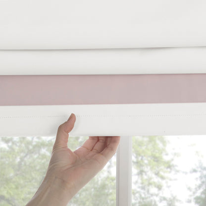 Sun Zero Marline Pink Ribbon Border 100% Total Blackout Cordless Roman Shade, Pink/White, 35" W x 64" H