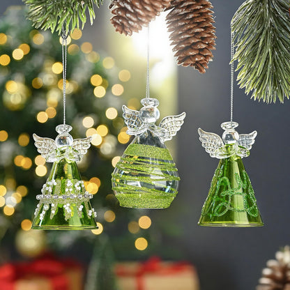 Green Glass Angel Ornaments Gift for Women, Set of 3 Crystal Guardian Angel Ornaments for Tree, 2026 Hand Blown Spun Glass Home Decor Irish Gift for Women