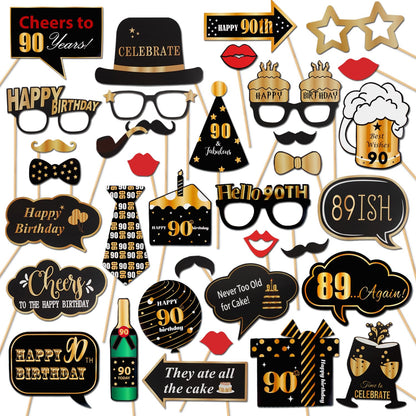 LINGTEER Happy 90th Birthday Party Photo Booth Props,Cheers to 90th Birthday Ninety Years Old Bday Party Centerpieces Props Decorations Sign.