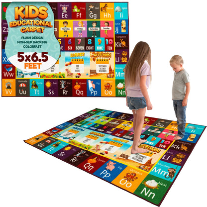 Educational Rug – Non-Slip ABC Carpet for Kids Room – 6.5' x 5' Soft Alphabet Kids Rug for Playroom, Daycare, Preschool, Classroom, Play Mat – Childrens ABC Mat with Letters, Numbers, Animals, Months