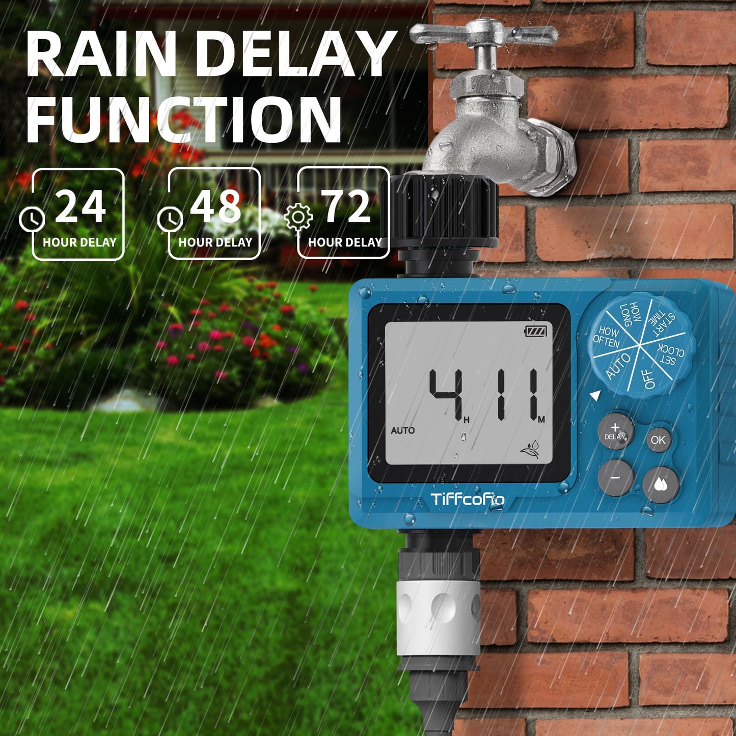 TiFFCOFiO Sprinkler Timer Outdoor, Digital Pogrammable for Garden Hose, Irrigrtion Timer with Rain Delay and Manual Mode (2 Packs)