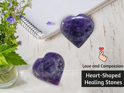 Amazing Gemstone Amethyst Crystal Heart Palm Stone - Pocket Massage Worry Stone for Natural Body Chakra Balancing, Reiki Healing and Crystal Grid