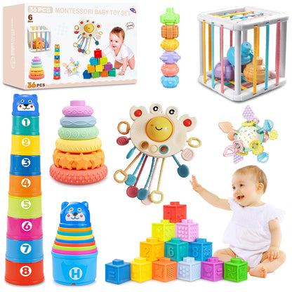 6 in1 Montessori Baby Toys 6-12 Months，Montessori Toy for Babies 6-12 Months，Incl 12pc Building Blocks &Silicone Pull String & Sensory Cube & Manhattan Ball& 2 Stacking Toys. Baby Development Toys