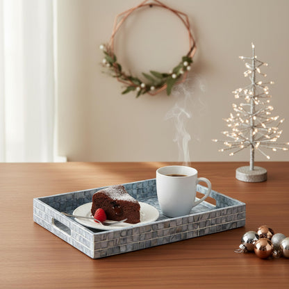 PEMAR Rectangular Mother of Pearl Serving Tray Nacre Wood Lap Ottoman Tray for Coffee Table, Luxury Decorative Handmade Eating Platters w Insert Handles (Blue Mosaic)