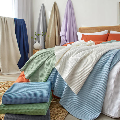 PHF Pre-Washed Cotton Waffle Weave Blanket Throw Size for Couch Bed,Snag Proof Spring Summer Lightweight Breathable,Oeko-TEX Certified,Machine Washable, Home Decor Gift，Cream
