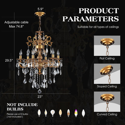 MEELIGHTING Luxury Antique Bronze Crystal Chandeliers with Candle Pendant Ceiling Light Fixture - 6 Lights Gold Crystal Chandelier for Dining Room, Living Room, Kitchen, Bedroom - D23 inch