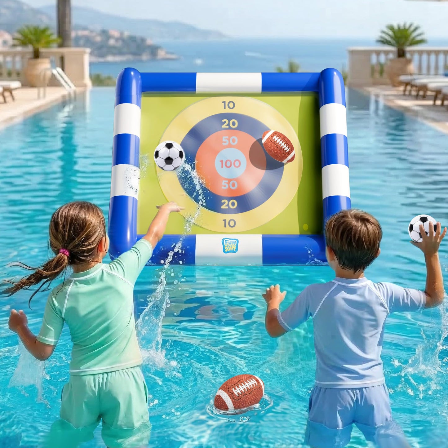 Funscape Kids Soccer Pool Toy, 2-in-1 Inflatable Float Soccer Goal & Ball Toss Water Game, Toddler Outdoor Football Backyard Game, Summer Beach Pool Party Gift 3 4 5 6 7 8 10 12 Year Old Boy Girl Teen