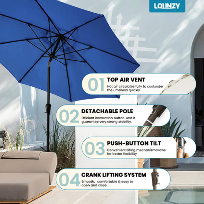 LOUNZY 9FT Large Outdoor Patio Umbrella Table Umbrella-UV Resistant,Easy Push Button Tilt and Crank,8 Sturdy Fiberglass Ribs Pool Umbrella for Patio,Backyard,Deck,Yard,Market,Blue
