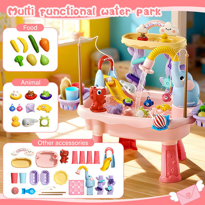 Poruary 2027 Upgraded Toddler Sand Water Table Toy with Electric Water Pump, Kids Sand Water with Faucet/Play Food Accessories/Fishing Toy, Kitchen Play Sink Toys for Girl Boy Age 3+ (Pink)