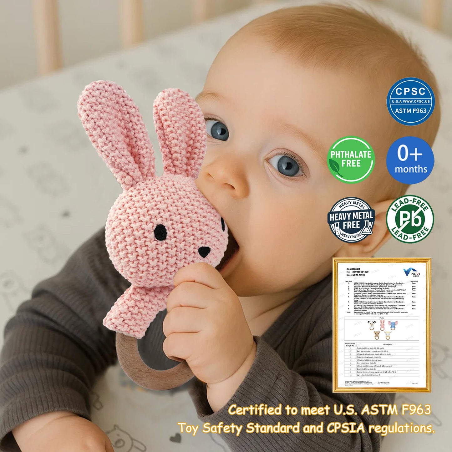 JUSTQUNSEEN Baby Rattle Teether Bunny Pink Crochet Rabbit Toy for Baby Girl Handmade Knitted Easy Grip Wood Handle for Gum Relief Woodland Animal Plush Stuffed Easter Basket Shower Gift Newborn