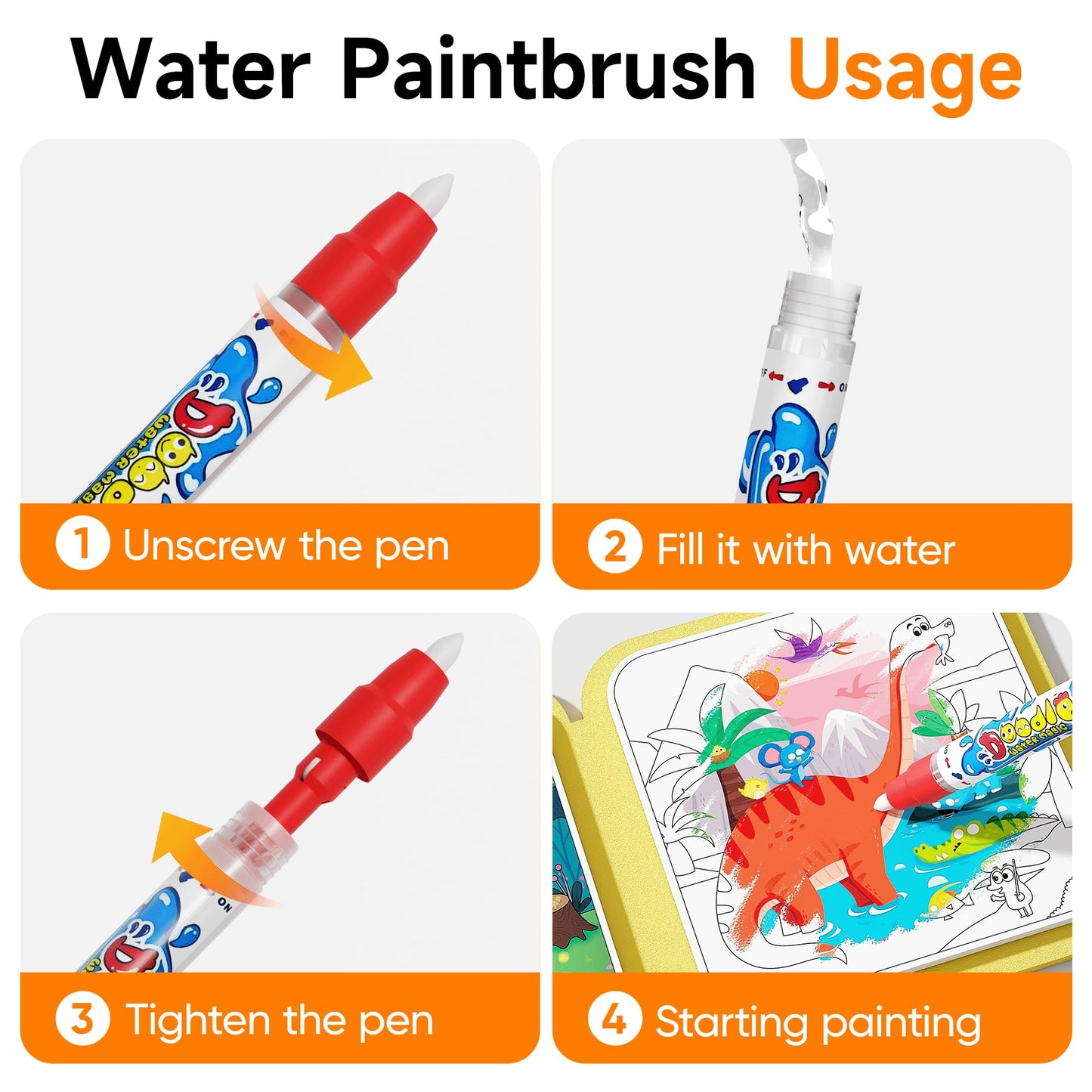 Timetome Reusable Water Painting Books for Kids – 3-Pack Magic Water Reveal Coloring Books with Water Pens (Fairy Tale, Animal & Dinosaur) No-Mess Coloring & Reusable Fun Travel Activity for Ages 3–6