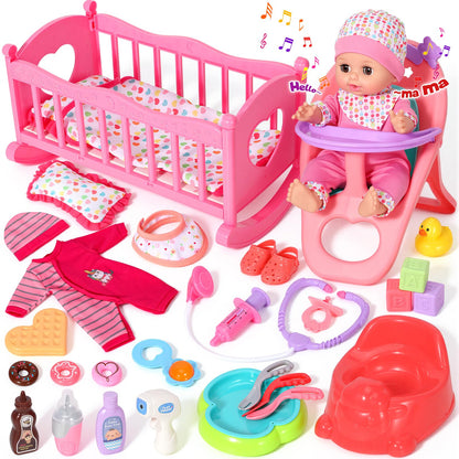DRAMATION 12'' Interactive Baby Doll Set with Crib and High Chair, 32 PCS Baby Doll Toys Speaking 12 Sounds with Baby Doll Accessories, Doll Playset for Toddler Girl Toys Gifts 3 4 5 Years Old