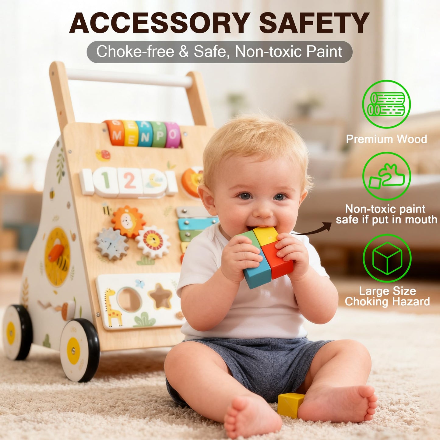 Wooden Baby Walker with Wheels, Baby Push Walker Adjustable Speed for Boys and Girls,Montessori Activity Center Walking Toys for 1 Year Old Learning to Walk,First Birthday Gift
