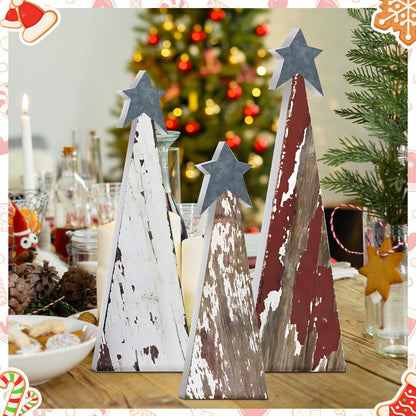 Soaoo 3 Pcs Rustic Christmas Tree Wooden Table Decorations Farmhouse Small Christmas in July Tabletop Centerpieces with Standing Top Star for Home Shelf Mantel Fireplace Table Party Decor