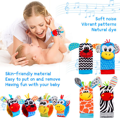 Baby Wrist Rattles and Sock Toys - Newborn 0-6 Months, 8PCS Soft Foot Finder Set, Hand and Feet Sensory Developmental Socks for Infants, Girl Boy Gifts